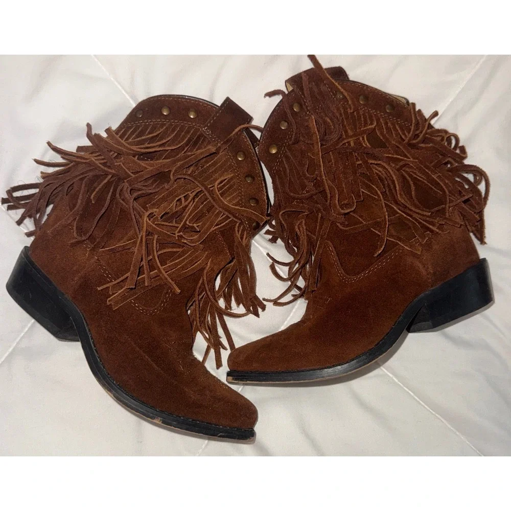 Shyanne Brown Suede Fringe Western Ankle Boots Studded Pointed Toe Kids 11